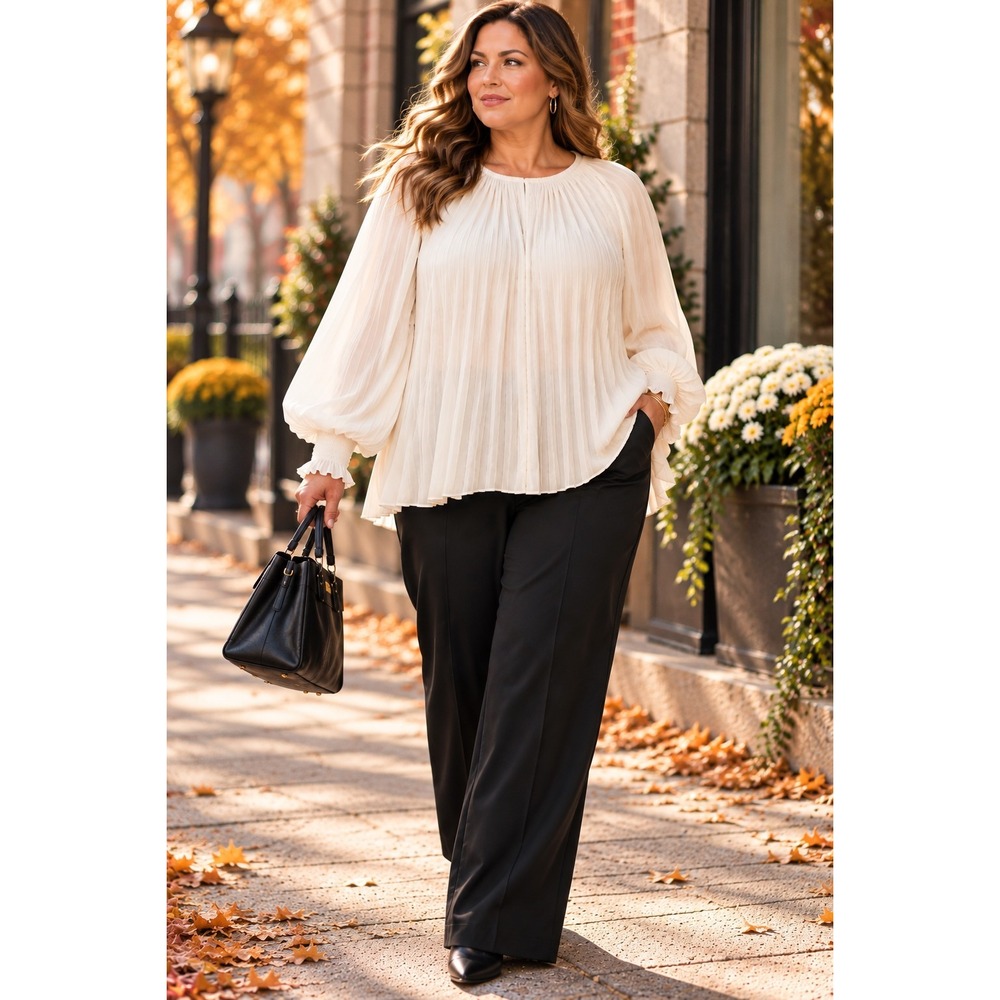 Lane Bryant Blouse 22/24 NWT Ivory Pleated Balloon Sleeve Plus Size Dressy Top